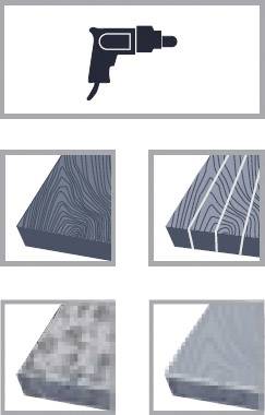 La figure présente un perceuse et plusieurs échantillons de bois et de surfaces. La caractéristique principale est la différence de texture des matériaux.