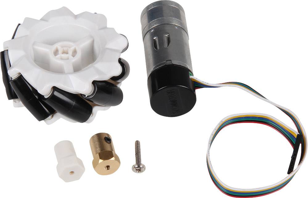 Petit moteur électrique avec câble, roue en plastique avec roues noires, et pièces en métal et en plastique. Composants pour projets de construction mécanique.