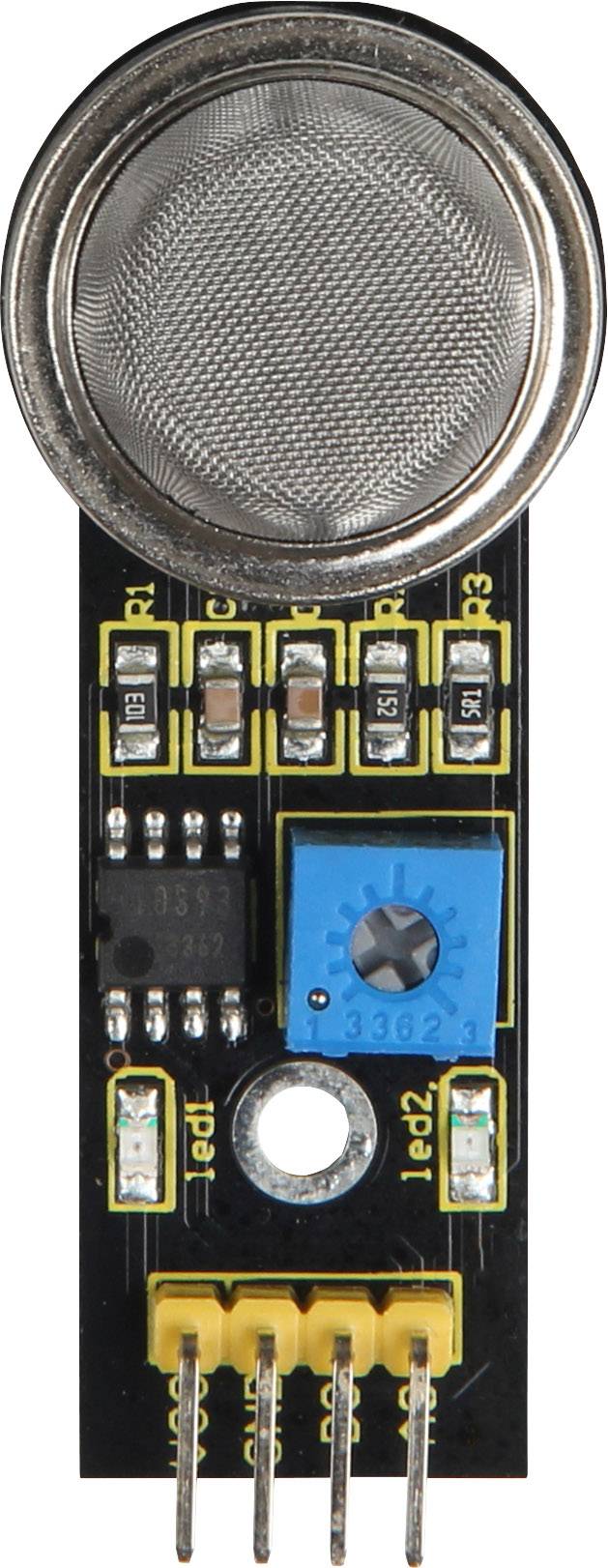 Capteur métallique sur un circuit imprimé noir avec plusieurs connexions et un potentiomètre bleu au centre, destiné à des projets électroniques.