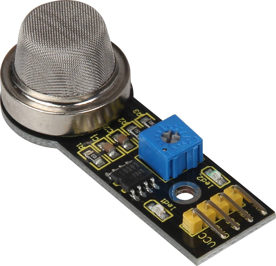 Un capteur avec une capsule métallique sur une petite carte de circuit imprimé rectangulaire, équipé d'une vis de potentiomètre bleue et de broches de connexion jaunes.