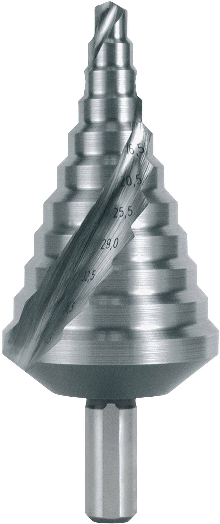 Foret à étages en métal avec plusieurs paliers de diamètres différents permettant de réaliser des trous précis dans différentes dimensions.