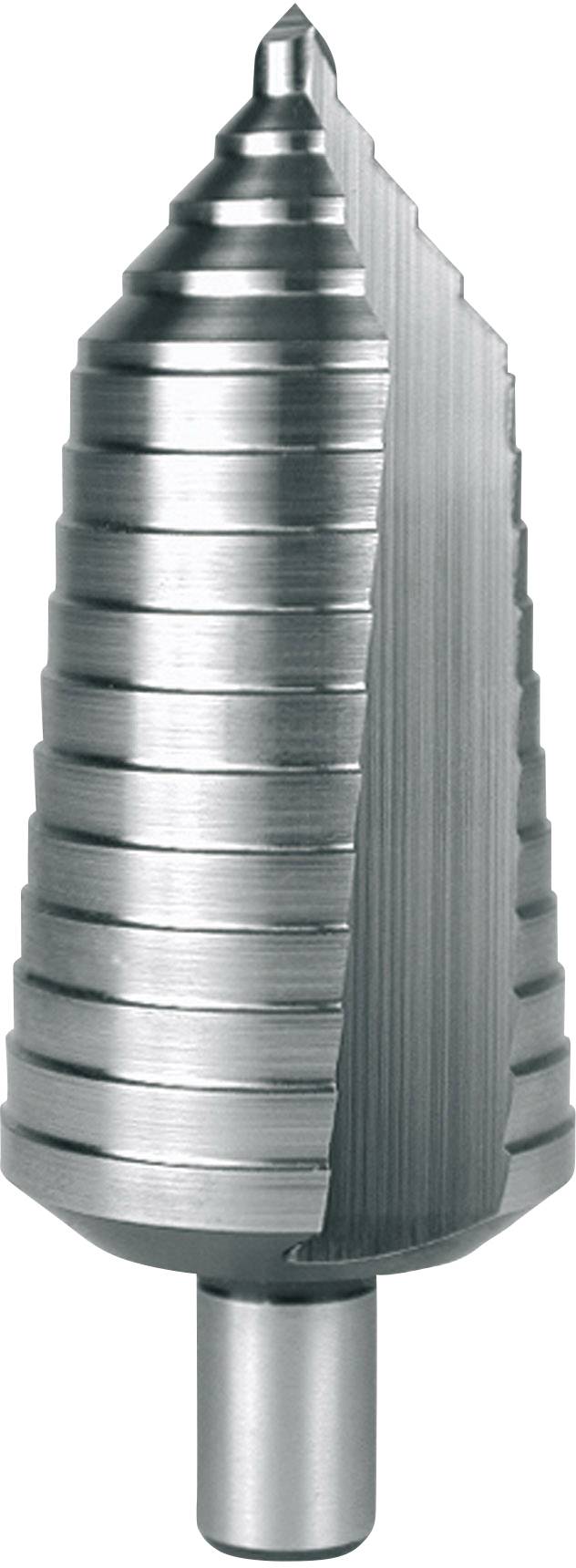 Un foret étagé en argent de forme conique avec plusieurs diamètres graduels sur un fond blanc.