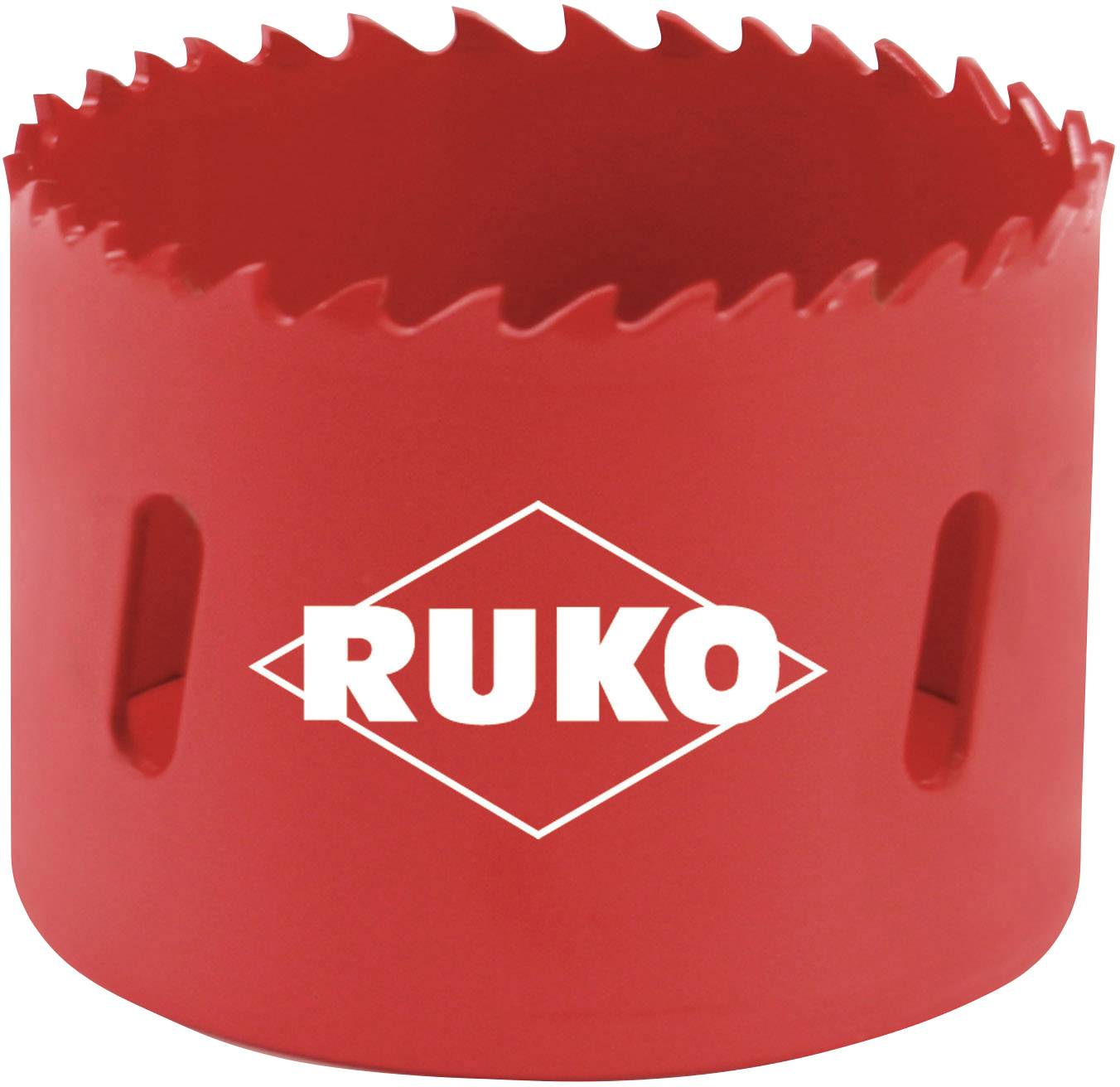 Scie-cloche rouge à tranchant ondulé, marque 'RUKO', adaptée pour le perçage de trous circulaires, utilisée dans les travaux de construction et d'artisanat.