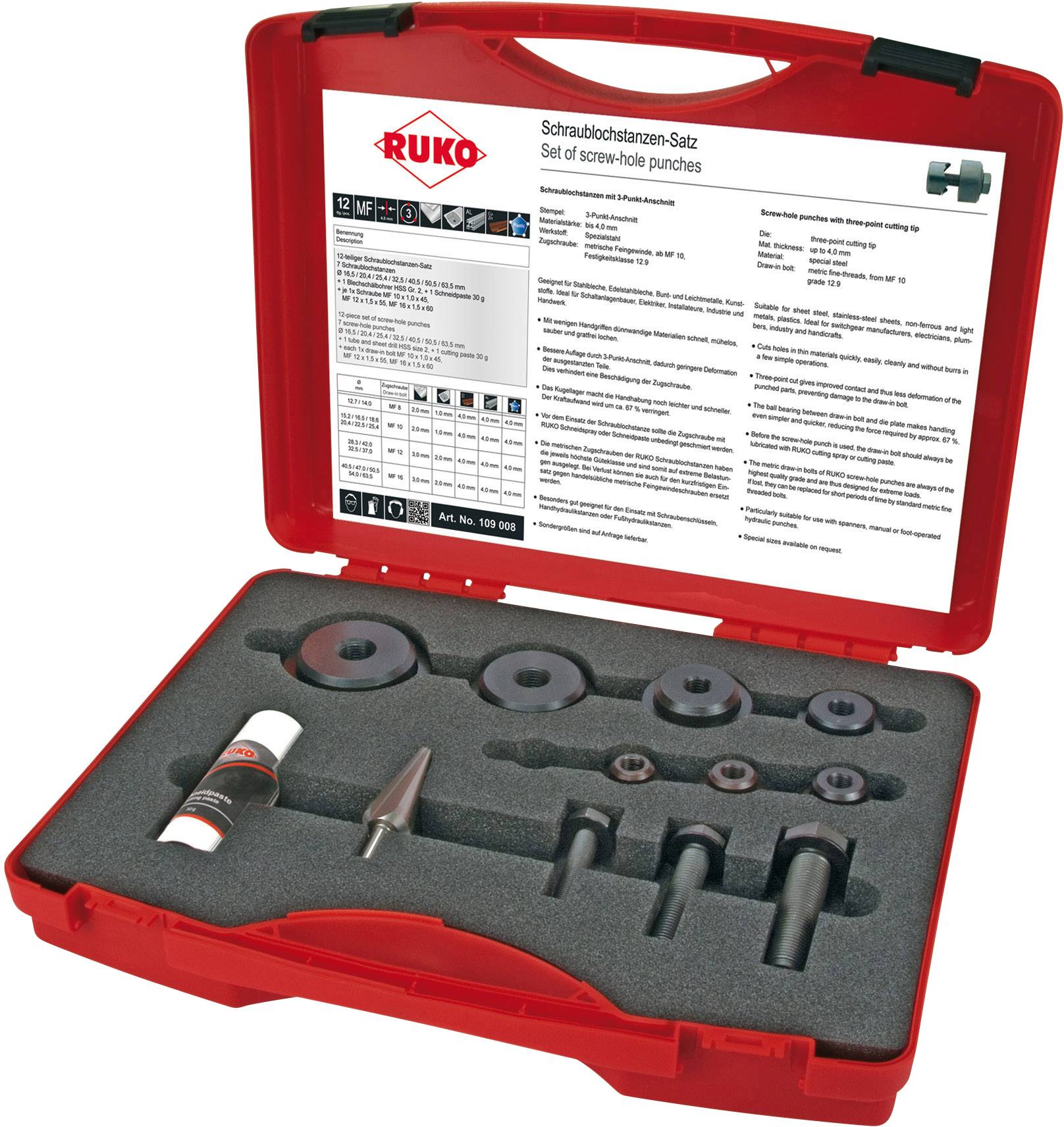 Coffret à outils rouge ouvert contenant un ensemble de poinçons à trous et ses accessoires. Le couvercle présente un mode d'emploi et des informations sur le produit en allemand et en anglais.