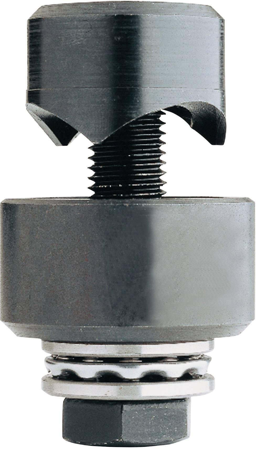 Poinçon métallique, composé d'une tête de coupe et d'une vis, destiné à percer des tôles et autres matériaux.