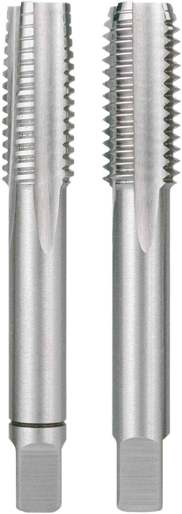 Deux tarauds argentés avec des formes de filetage différentes sur un fond blanc. Les deux ont des poignées cylindriques.