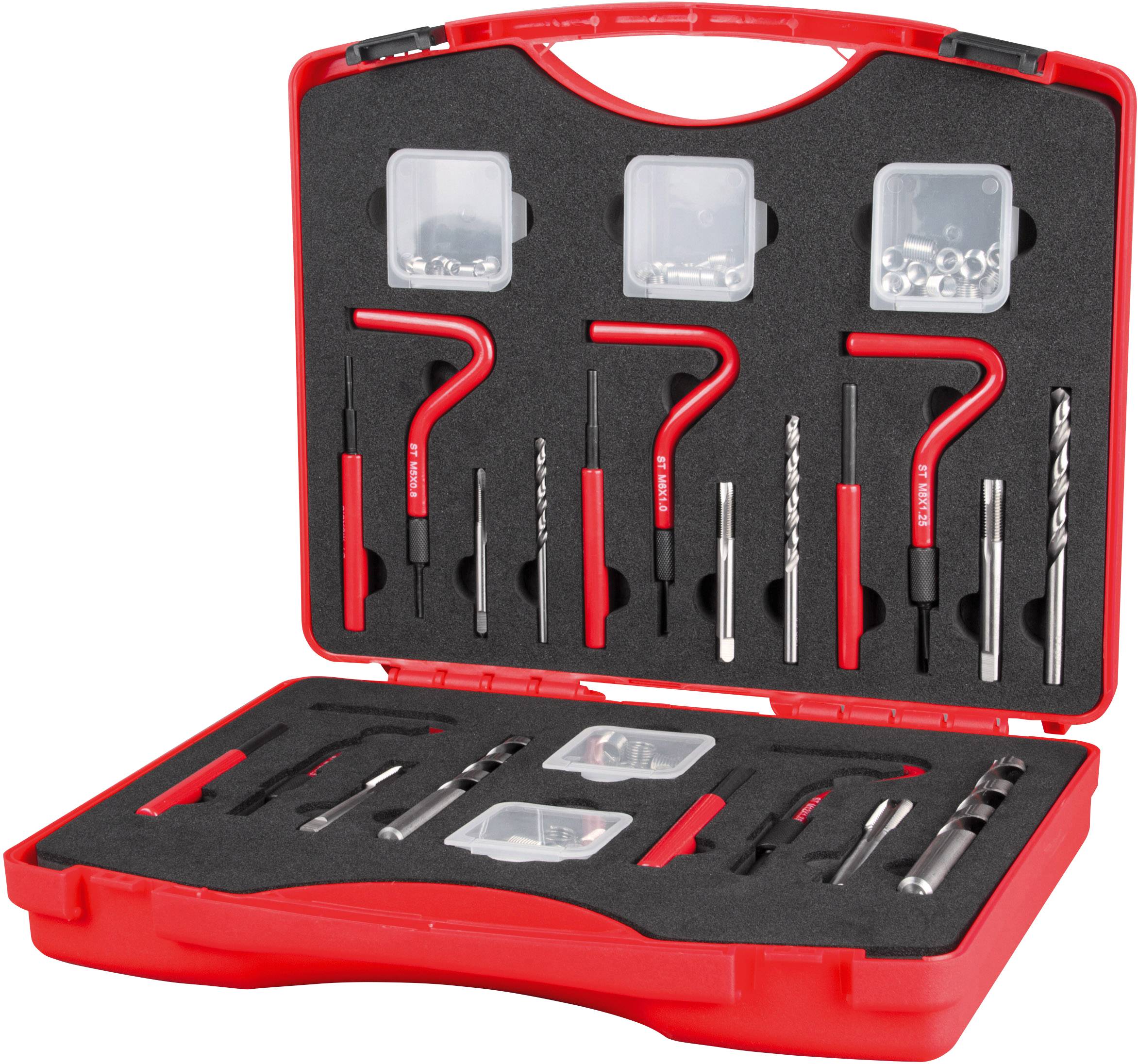 Coffret à outils ouvert rouge contenant divers tournevis, forets et pièces de rechange dans un insert en mousse noir.