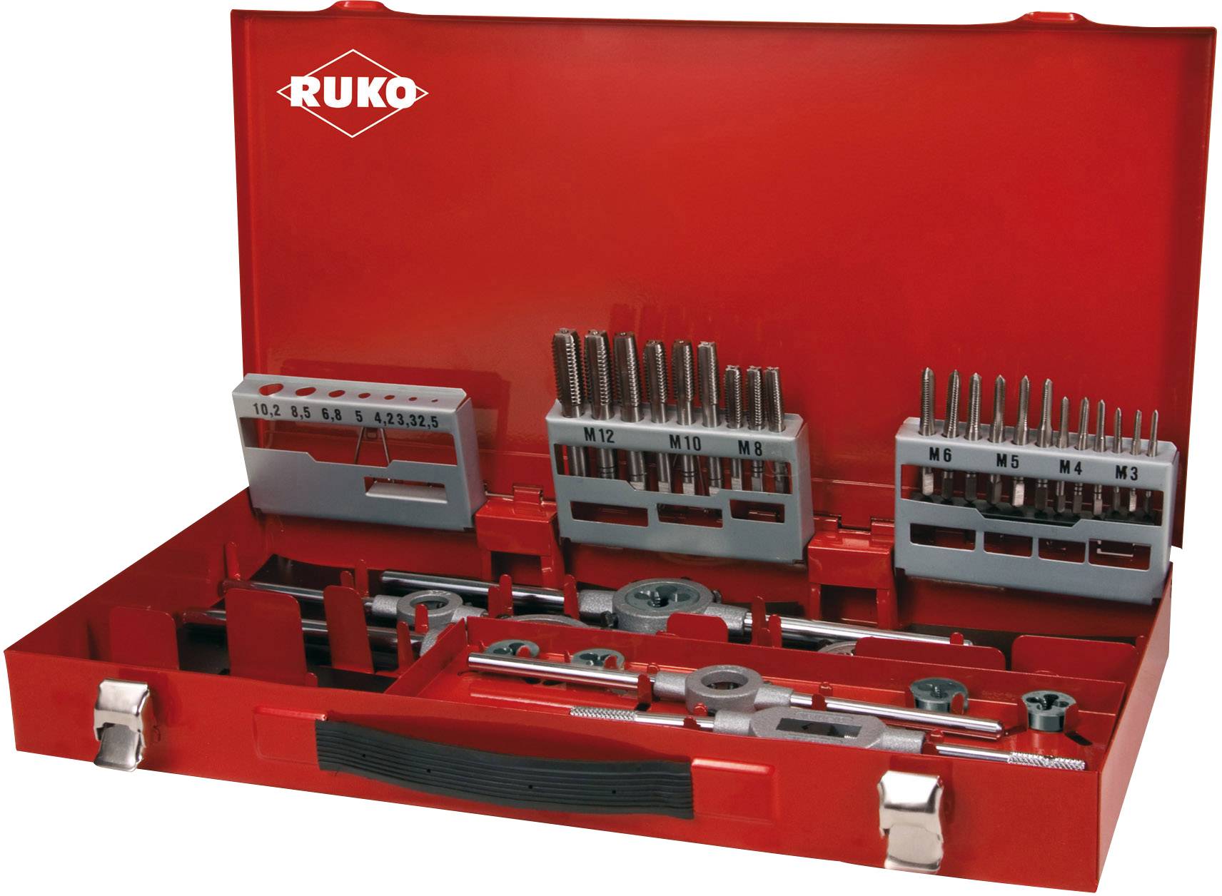 Une boîte à outils rouge contenant divers outils de filetage, notamment des forets et des tarauds de différentes tailles.