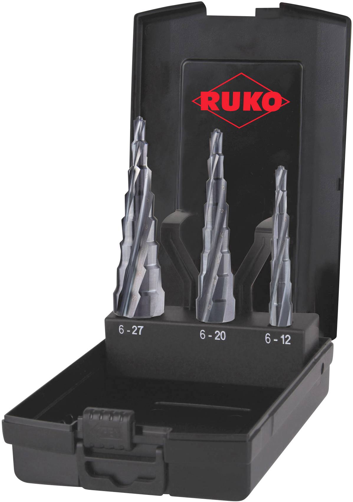 Trois forets étagés dans un étui noir avec le logo rouge 'Ruko'. Tailles : 6-27, 6-20 et 6-12 mm.