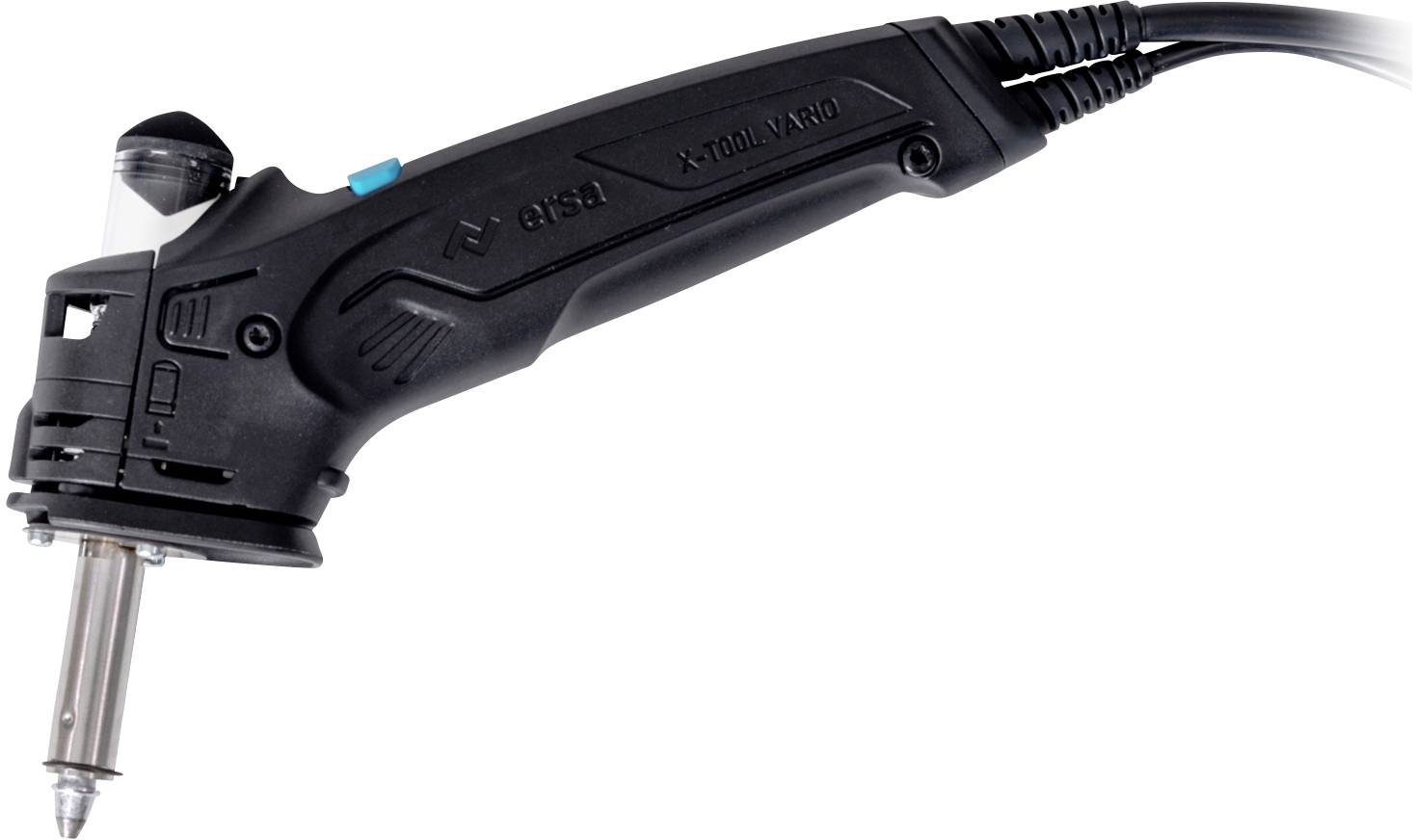 Fer à souder à poignée noire et embout métallique, adapté pour des travaux de soudure précis en électronique.