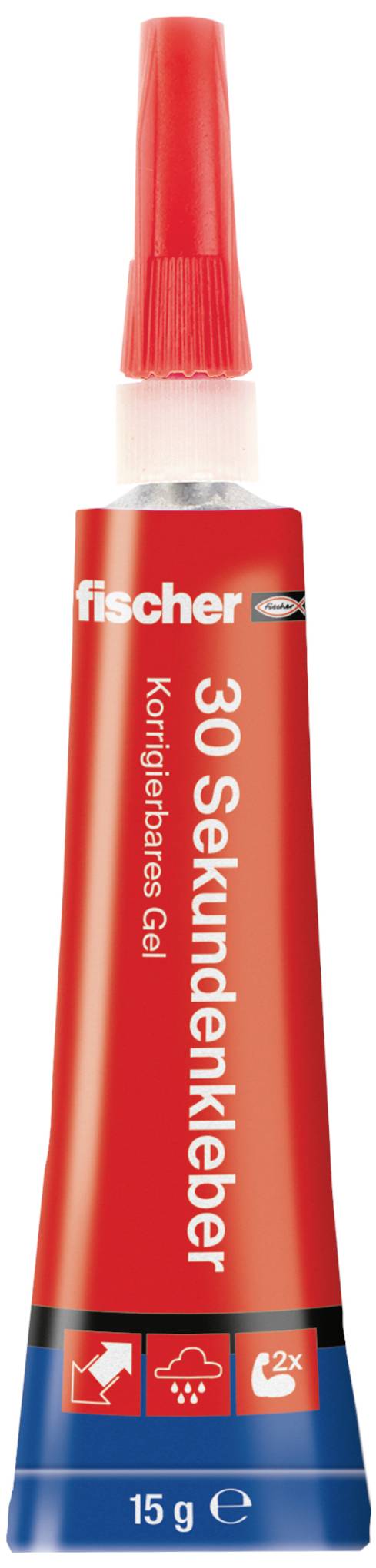 Tube rouge portant l'inscription « fischer Colle instantanée 30 secondes ». Contient 15 g. Adapté aux réparations rapides, résistant à l'eau.