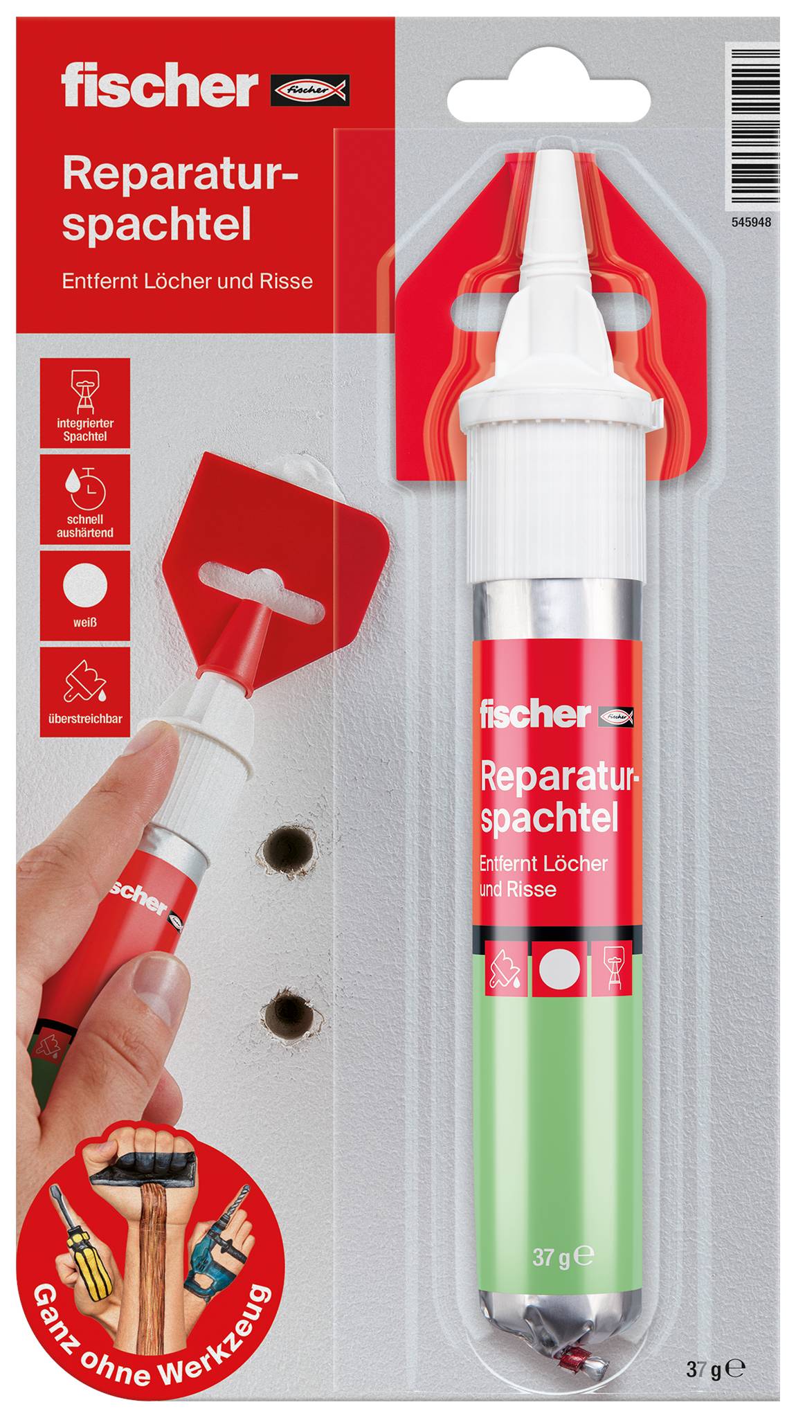 Un tube de mastic de réparation 'fischer', pour réparer les trous et les fissures, 37g, emballage rouge et vert avec un couvercle blanc.