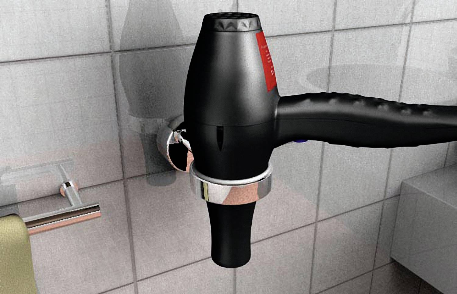 Carreau de salle de bain avec sèche-cheveux noir mural et porte-serviettes en arrière-plan.