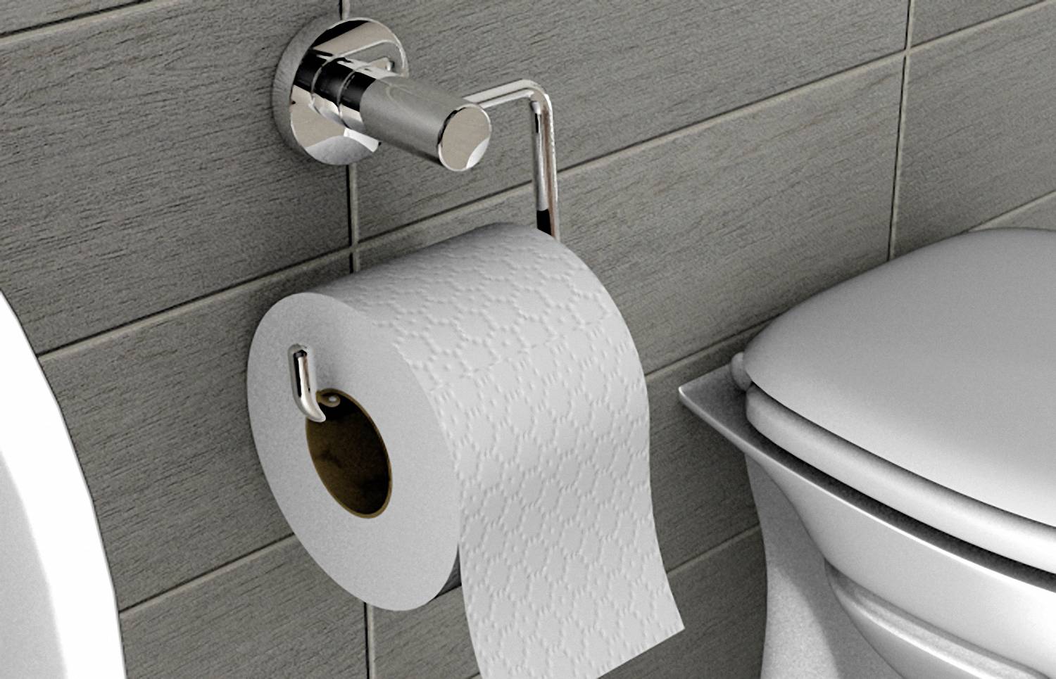 Un rouleau de papier toilette est accroché à un support mural à côté des toilettes dans une salle de bain aux carrelages gris.
