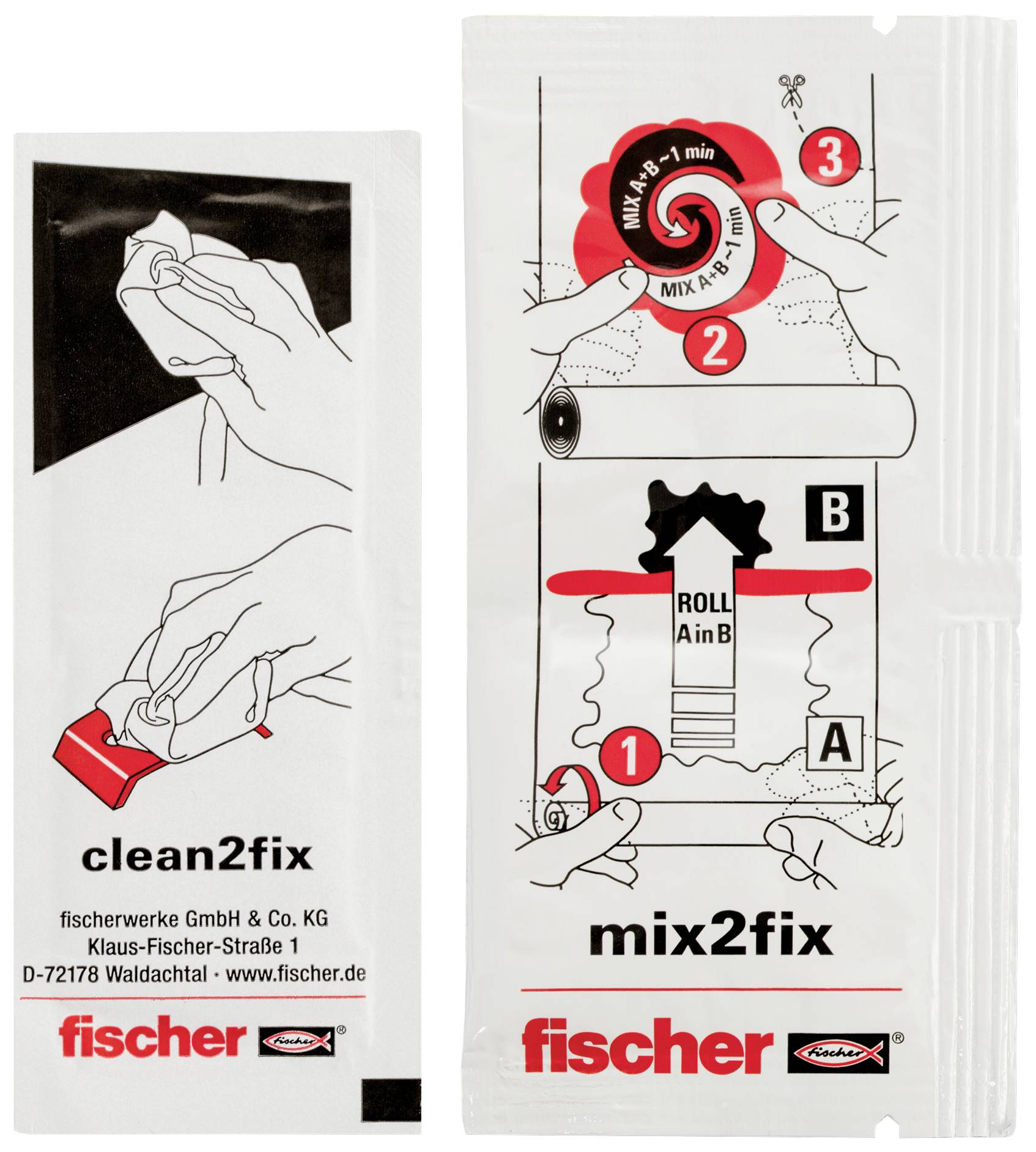 Systèmes 'Clean2fix' et 'Mix2fix' de fischer : Deux guides pas à pas pour la fixation, accompagnés d'illustrations et de coordonnées de contact.