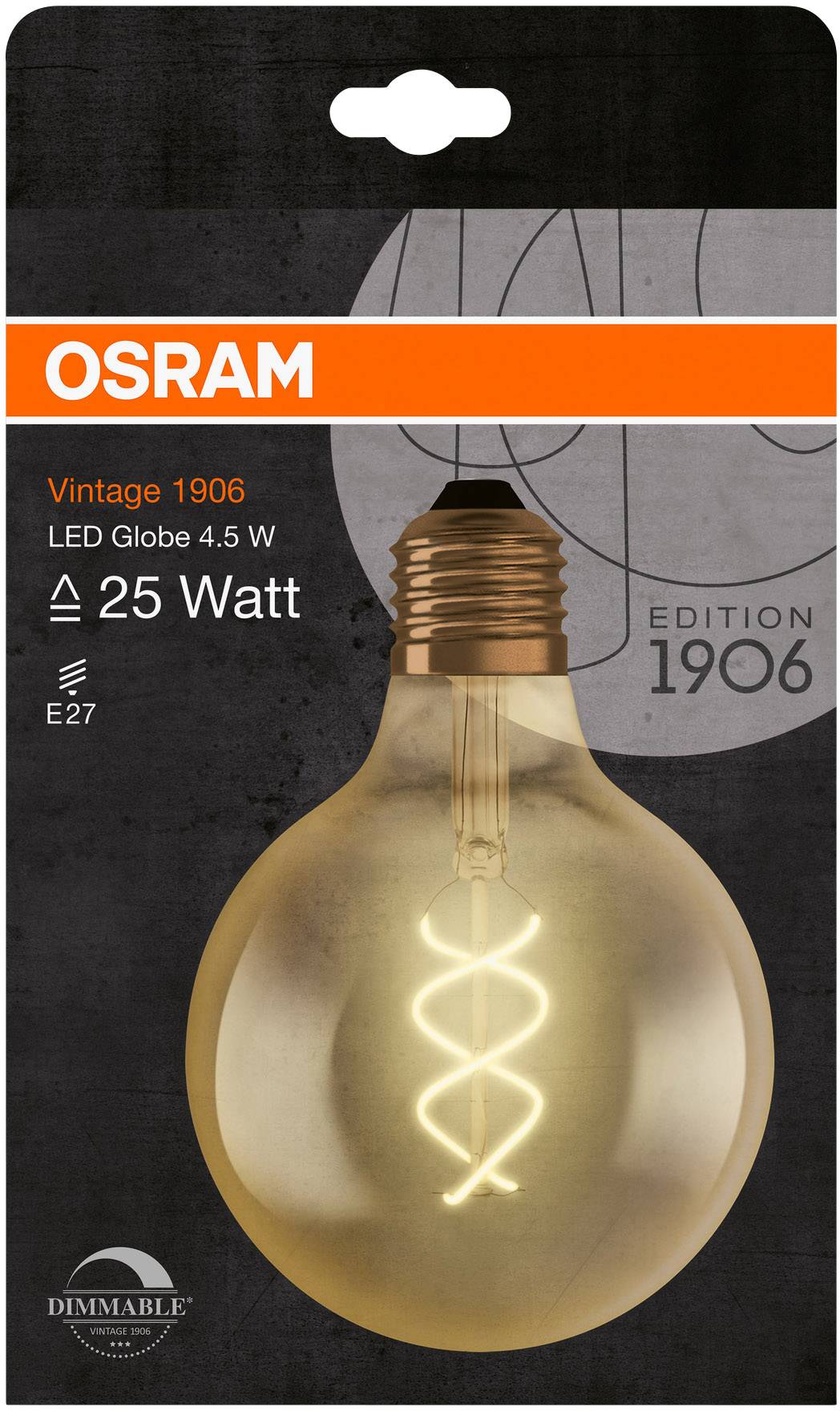 L'emballage présente une ampoule LED OSRAM de style vintage, 4,5 W, dimmable, culot E27, équivalent 25 watts, Édition 1906.