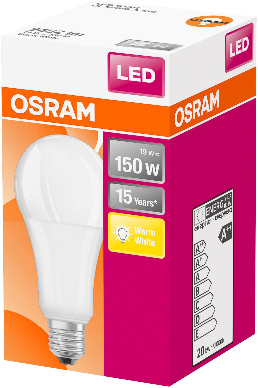 OSRAM HOMELIGHTING 4058075245976 LED CEE E (A - G) E27 forme de poire 19 W = 150 W blanc chaud (Ø x L) 68 mm x 147 mm 1 pc(s)