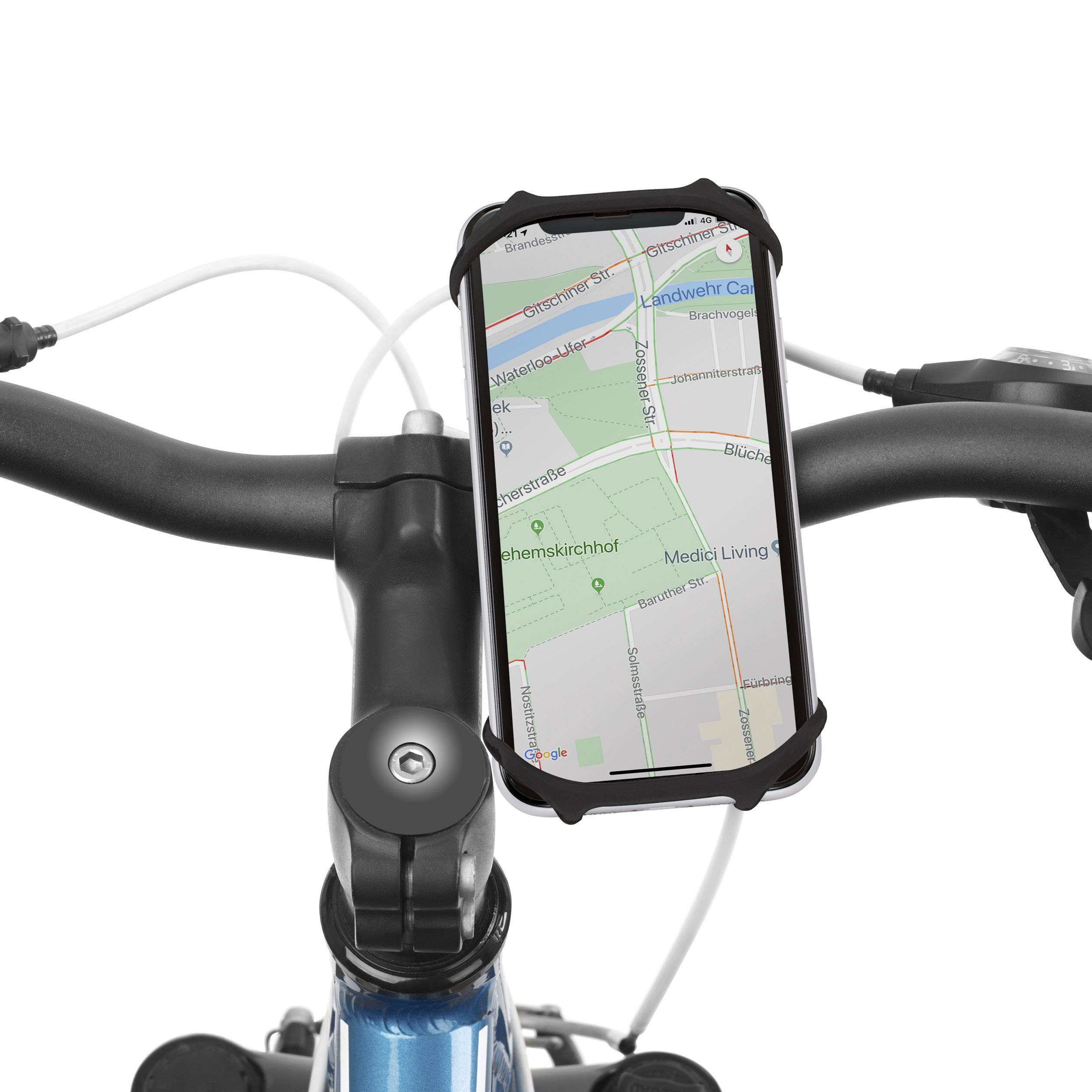 Un smartphone affiche une carte sur un guidon de vélo. Un guidage de route est visible. À l'arrière-plan, on aperçoit des freins de vélo.