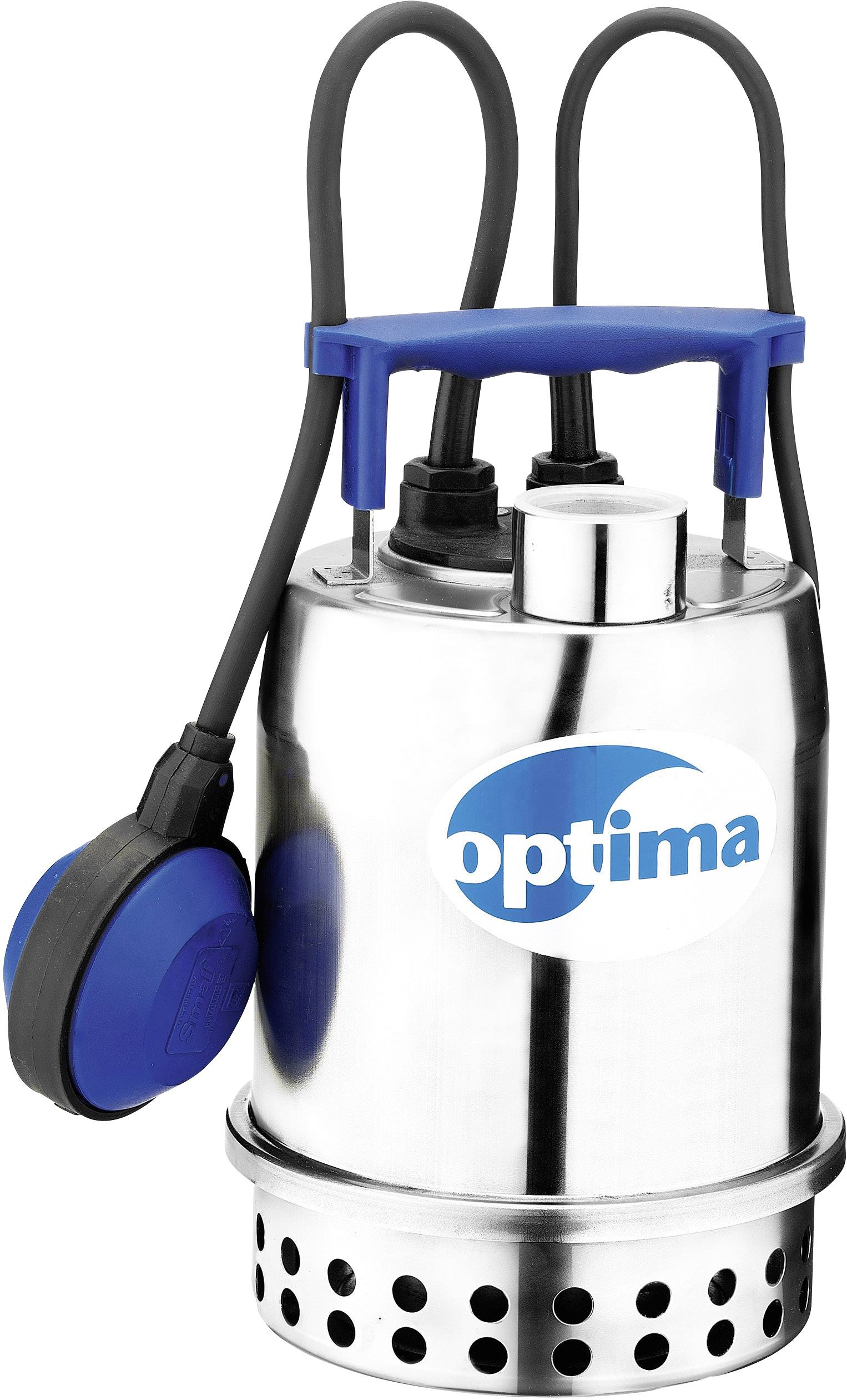 Pompe à eau argentée avec poignée bleue, câble noir et flotteur. Sur la pompe est inscrit 'optima'.