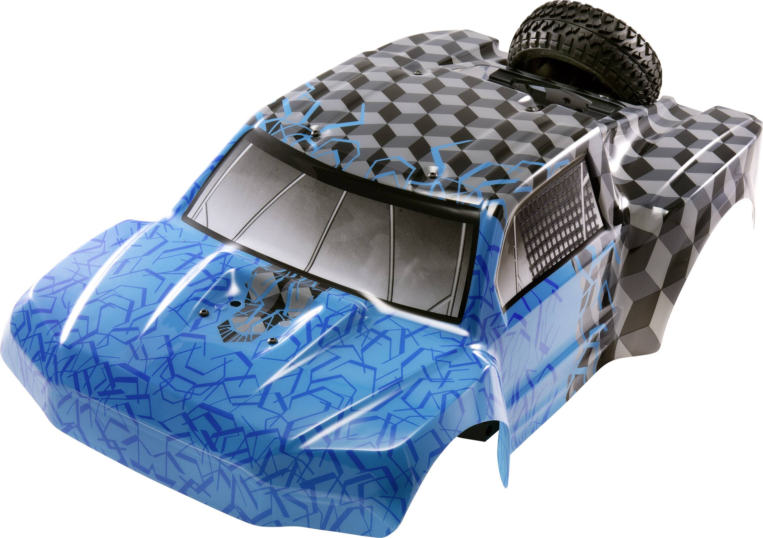Une voiture miniature avec un motif géométrique bleu et noir sur la carrosserie et une roue de secours sur le toit.
