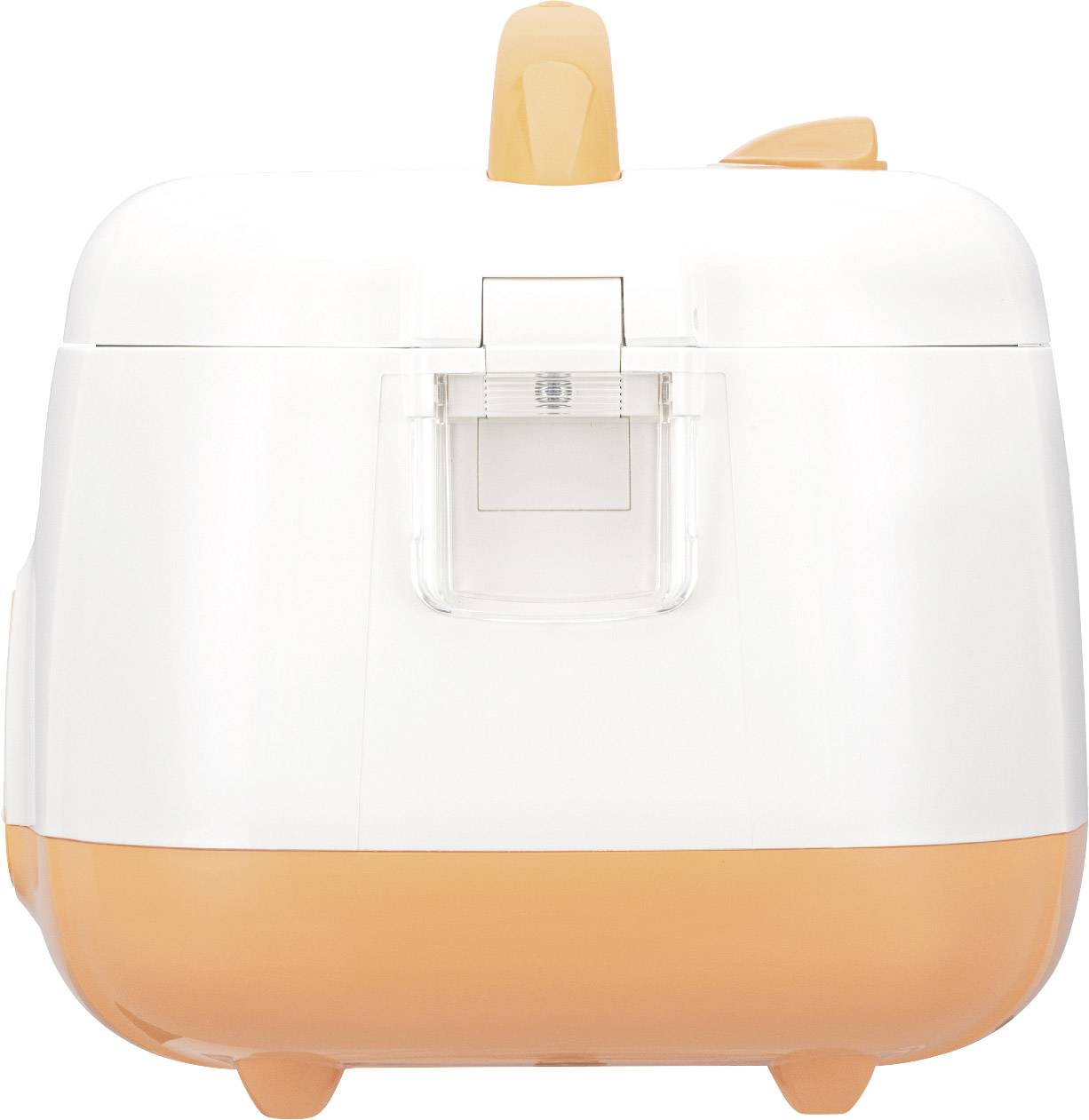 Boîte à lunch électrique en plastique blanc et orange avec poignée de transport. L'avant présente un couvercle transparent à fermeture.