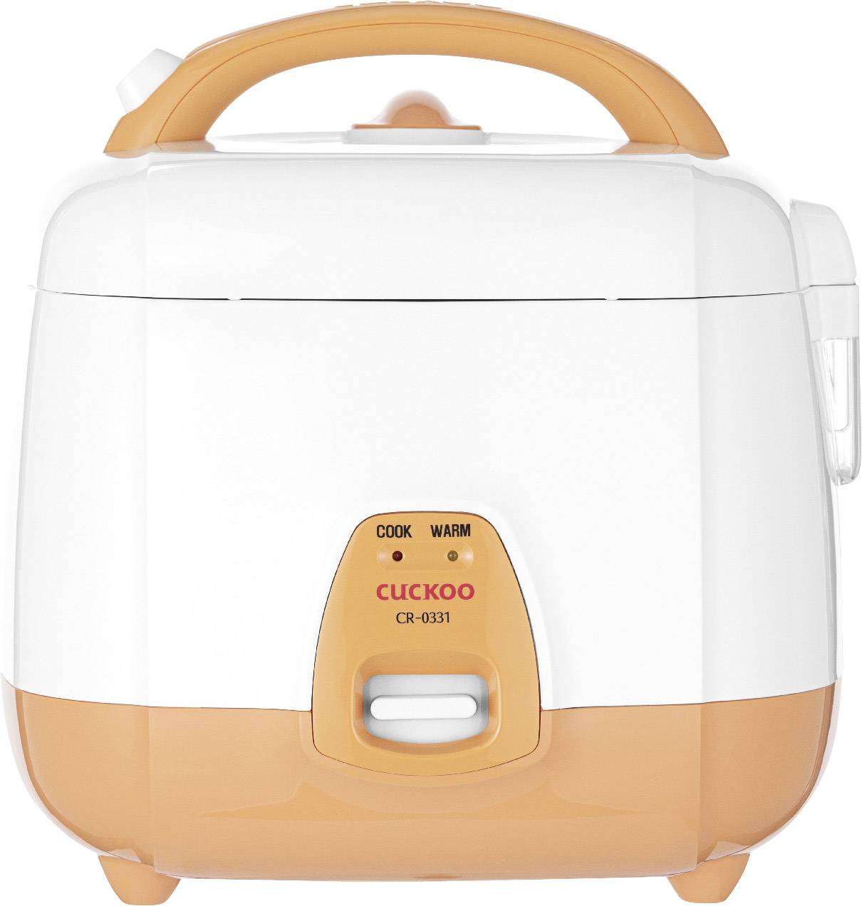 Cuiseur à riz orange et blanc avec poignée de transport et deux fonctions : 'Cuisson' et 'Maintien au chaud'.