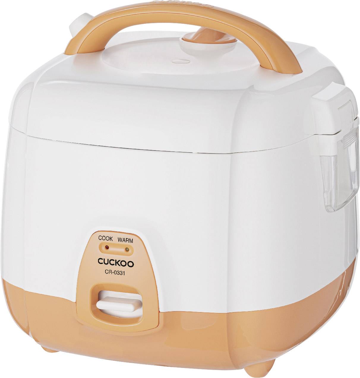 Un cuiseur à riz électrique au design blanc et orange, présentant des options de cuisson et de maintien au chaud.