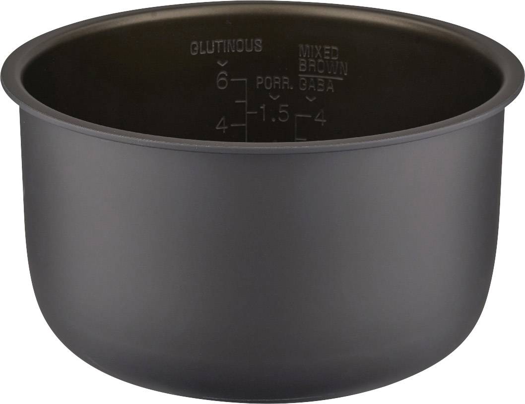 Casserole noire avec échelle de mesure intérieure, indiquant les mesures en tasses. Marquages pour différents types de riz, tels que 'GLUANT' et 'MÉLANGÉ'.