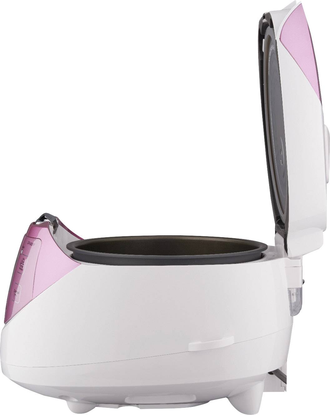 Multicuiseur multifonction en blanc et rose avec couvercle ouvert, montrant l'intérieur pour la préparation des aliments.