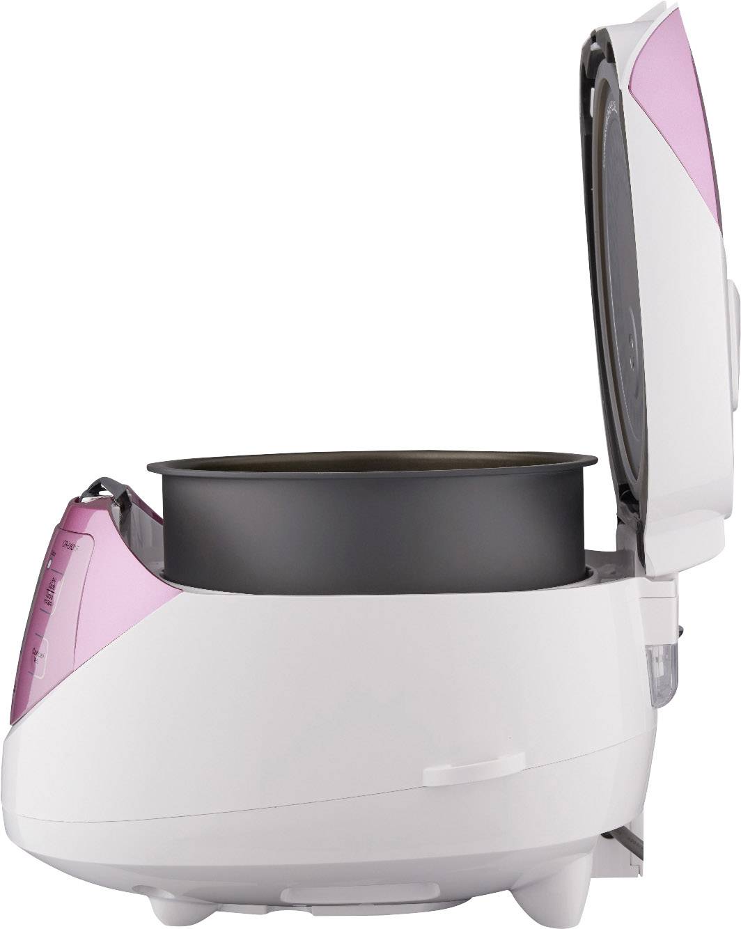 Un rice cooker électrique ouvert à boîtier rose et blanc montre la casserole amovible à l'intérieur.