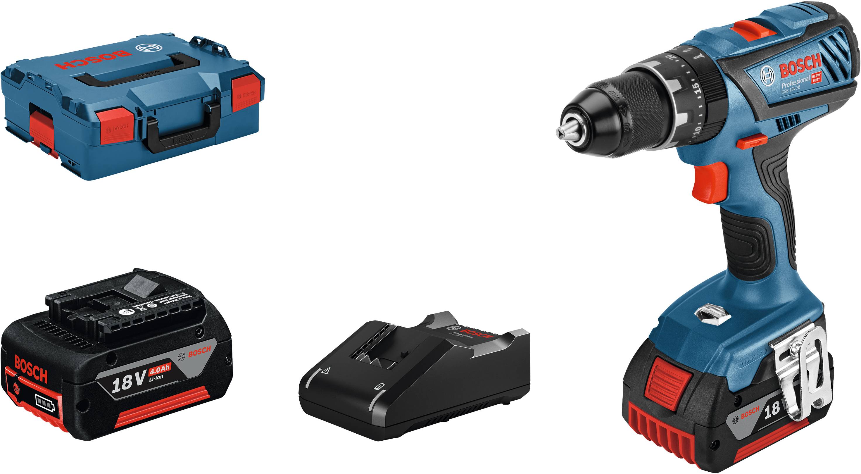 Un tournevis-perceuse Bosch bleu avec chargeur, batterie lithium-ion 18V et sacoche robuste, adapté aux projets de bricolage.