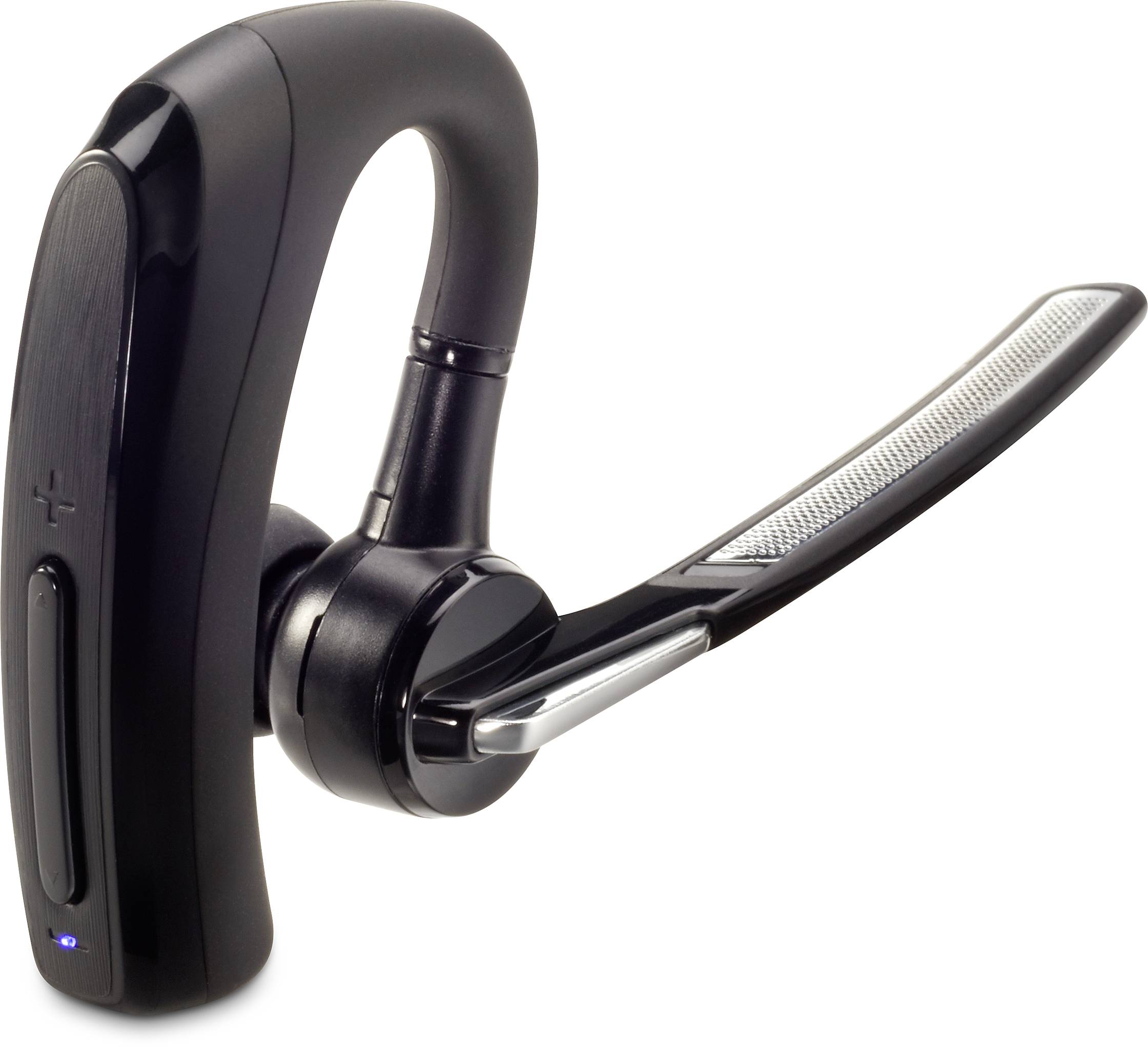 Casque Bluetooth noir avec écouteur et perche de microphone, idéal pour les appels téléphoniques sans fil ou l'écoute de musique.