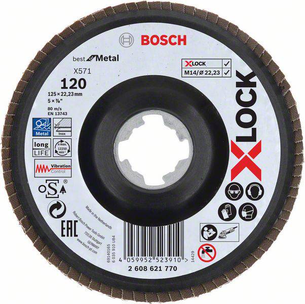 Disque à tronçonner Bosch avec système X-Lock, adapté pour l'usinage des métaux. Diamètre 125 mm, grain 120. Contient des symboles de sécurité.