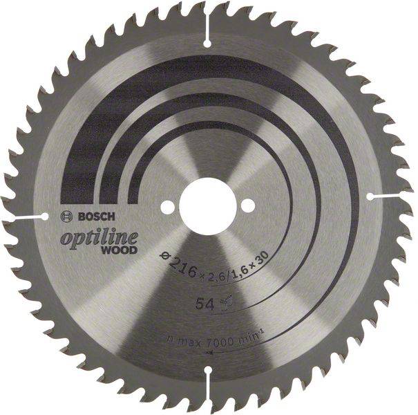 Lame de scie circulaire Bosch, spécialement conçue pour le bois, avec 54 dents et un diamètre de 216 mm.