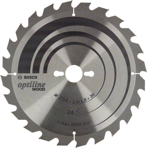 Lame de scie circulaire Bosch pour bois avec 24 dents, diamètre 254 mm, épaisseur 2,8 mm, vitesse de rotation max. 6000/min.