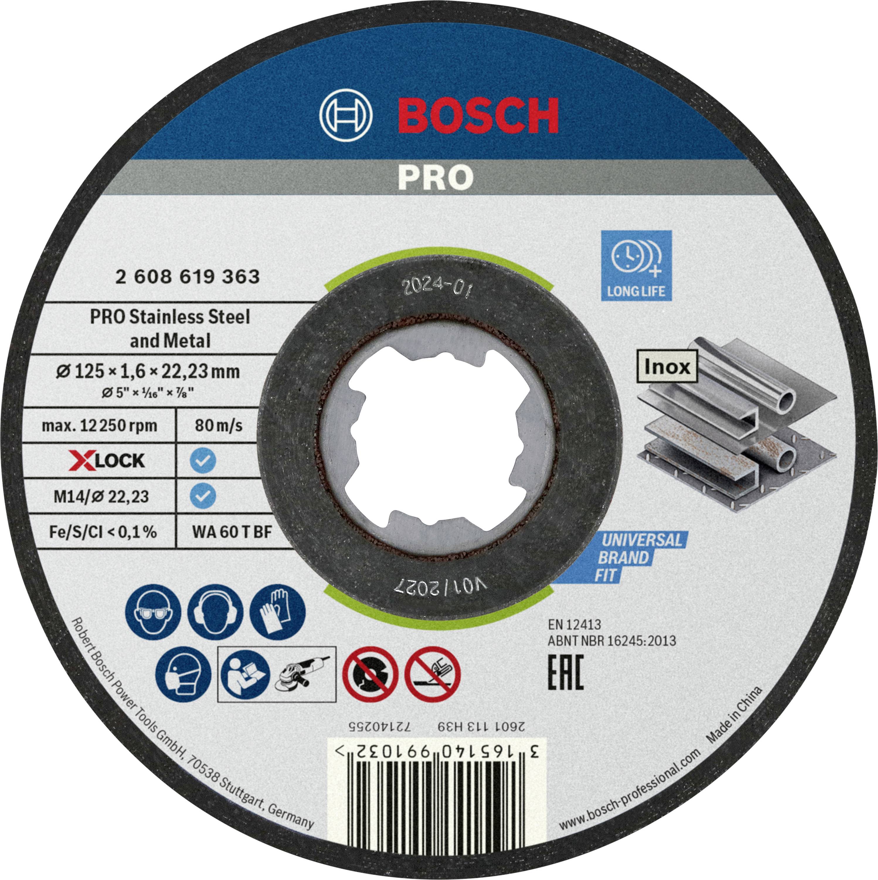 Disque à tronçonner Bosch pour acier inoxydable et métal, diamètre 125 mm, épaisseur 1,6 mm, avec informations sur la vitesse et les symboles de sécurité.