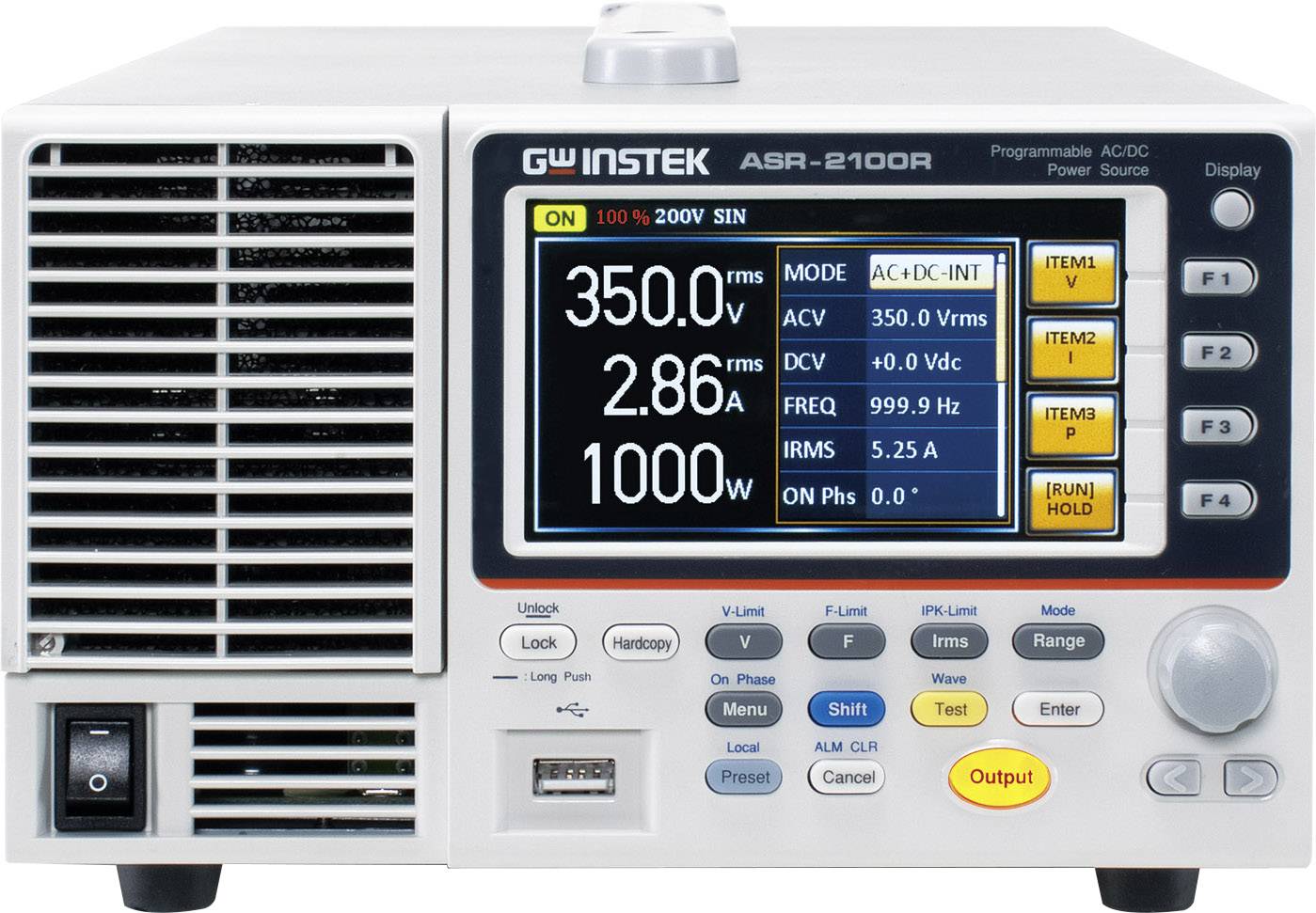 L'image montre un appareil de test électronique avec un écran numérique affichant différents modes et mesures, par exemple 350,0 V.