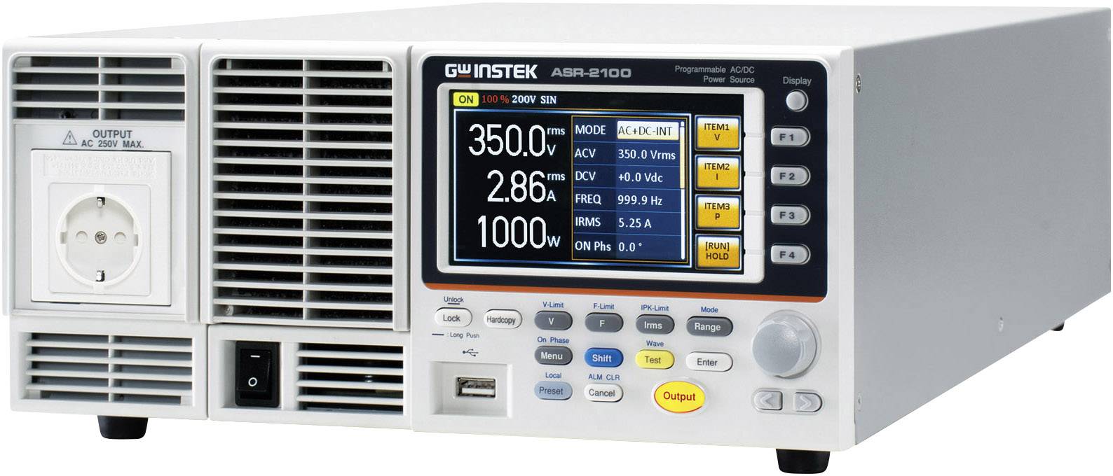 Un appareil d'alimentation de laboratoire avec affichage numérique indique 350,0 V, 2,86 A et 1000 W. Il dispose de plusieurs boutons et connexions sur sa face avant.