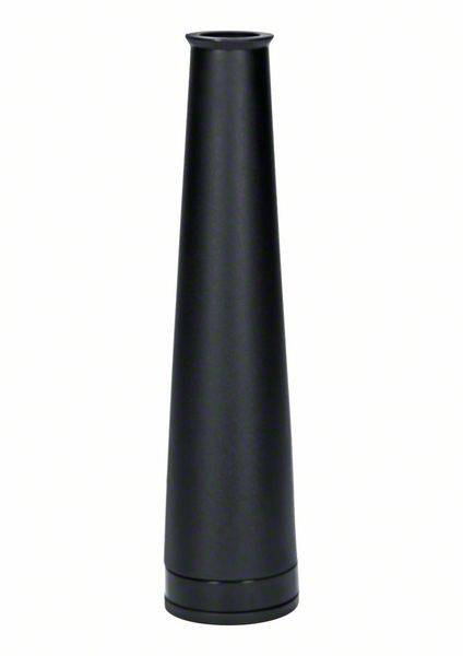 Un récipient noir, élancé, de forme cylindrique, probablement un vase ou une bouteille, est dressé verticalement sur un fond blanc.