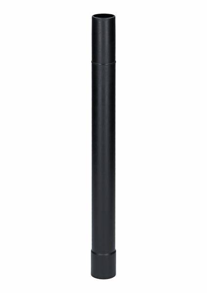 Une longue tige métallique cylindrique noire sur un fond blanc.