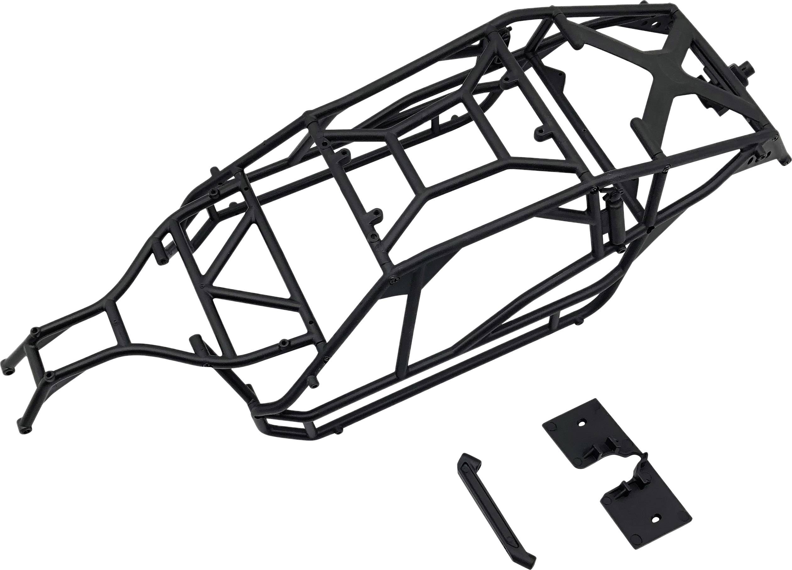 Châssis métallique noir d'une maquette de voiture, composé d'une structure complexe en grille. Deux petites pièces rectangulaires sont posées à côté.