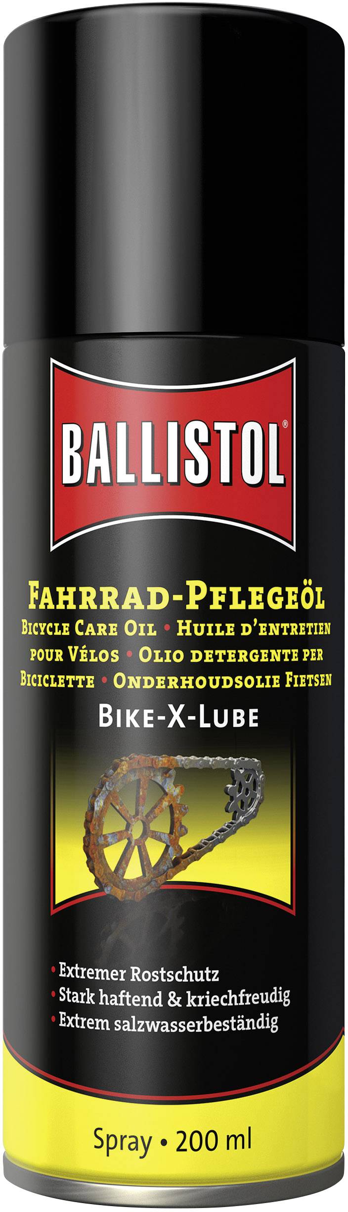 Un aérosol noir portant l'inscription 'Ballistol Huile d'entretien pour vélo' et 'Bike-X-Lube'. 200 ml. Offre une protection contre la rouille et résiste à l'eau.