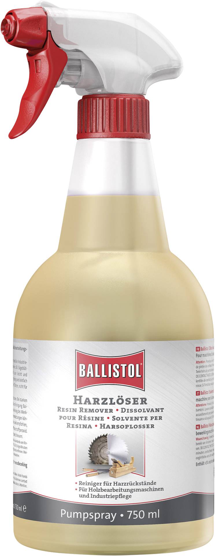 Bombe aérosol Ballistol Dissolvant de résine, 750 ml, pour le nettoyage des dépôts de résine, tête de pulvérisation rouge, étiquetage blanc et doré.