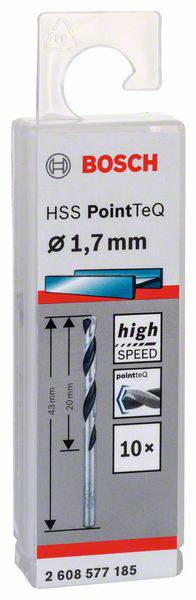 Emballage pour forets Bosch HSS PointTeQ, diamètre 1,7 mm, adapté à grande vitesse. Contient 10 forets.