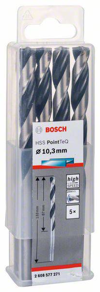 Trois forets Bosch HSS PointTeq de 10,3 mm de diamètre dans un emballage transparent. Adaptés pour une vitesse élevée.