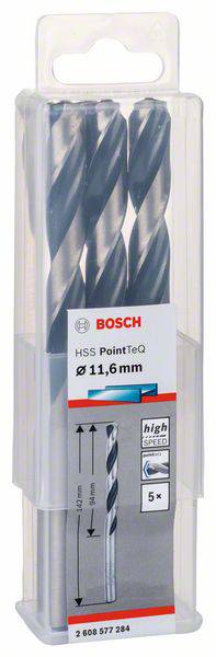 Coffret de forets Bosch HSS PointTeQ, 5 pièces, diamètre de 11,6 mm, en emballage plastique transparent, adapté pour les perçages dans le métal.