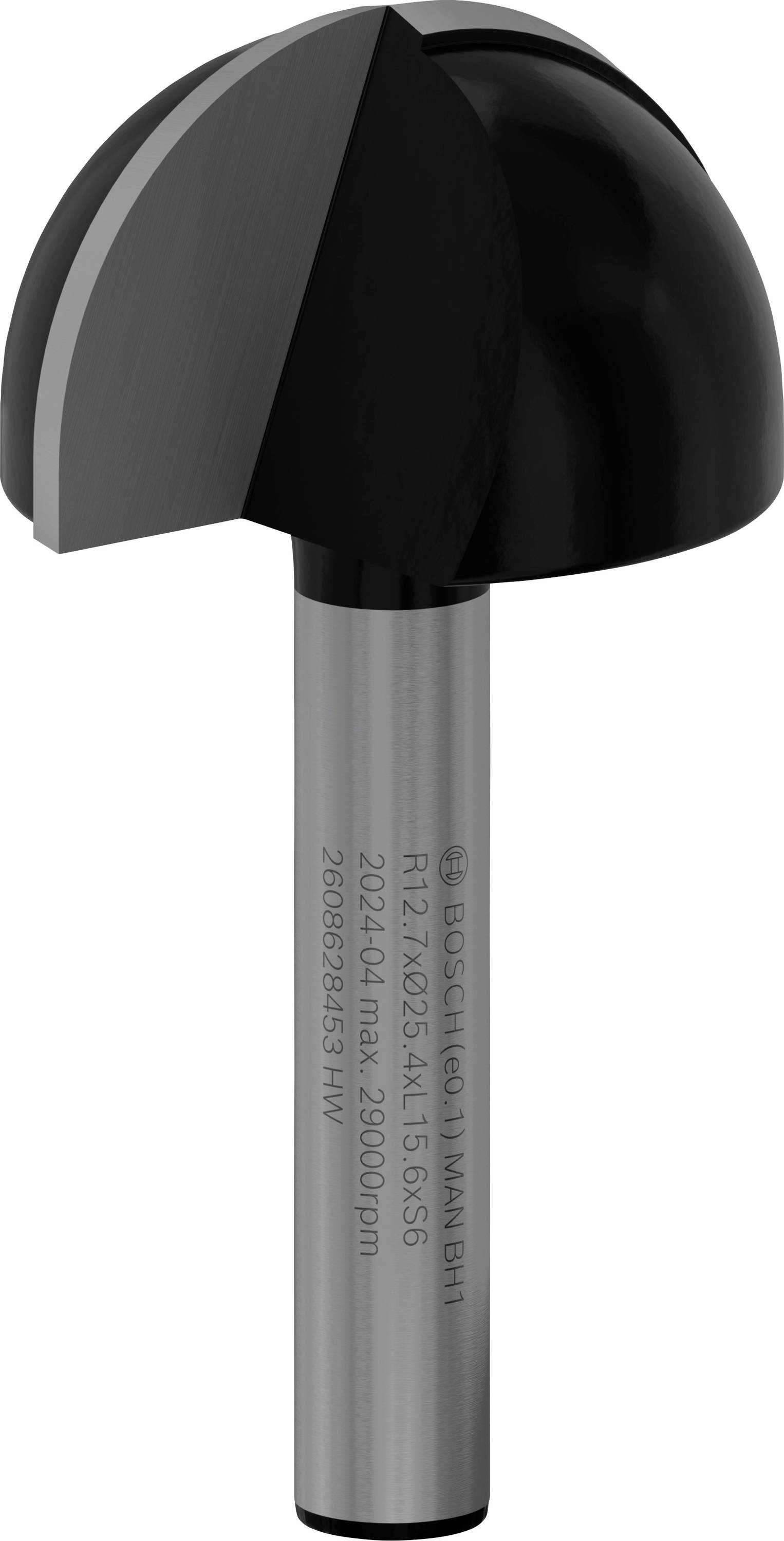 L'image montre une fraise à tête ronde et tige grise. Texte sur la tige : 'R12,7 x Ø25,4 x L15,5 K16'.