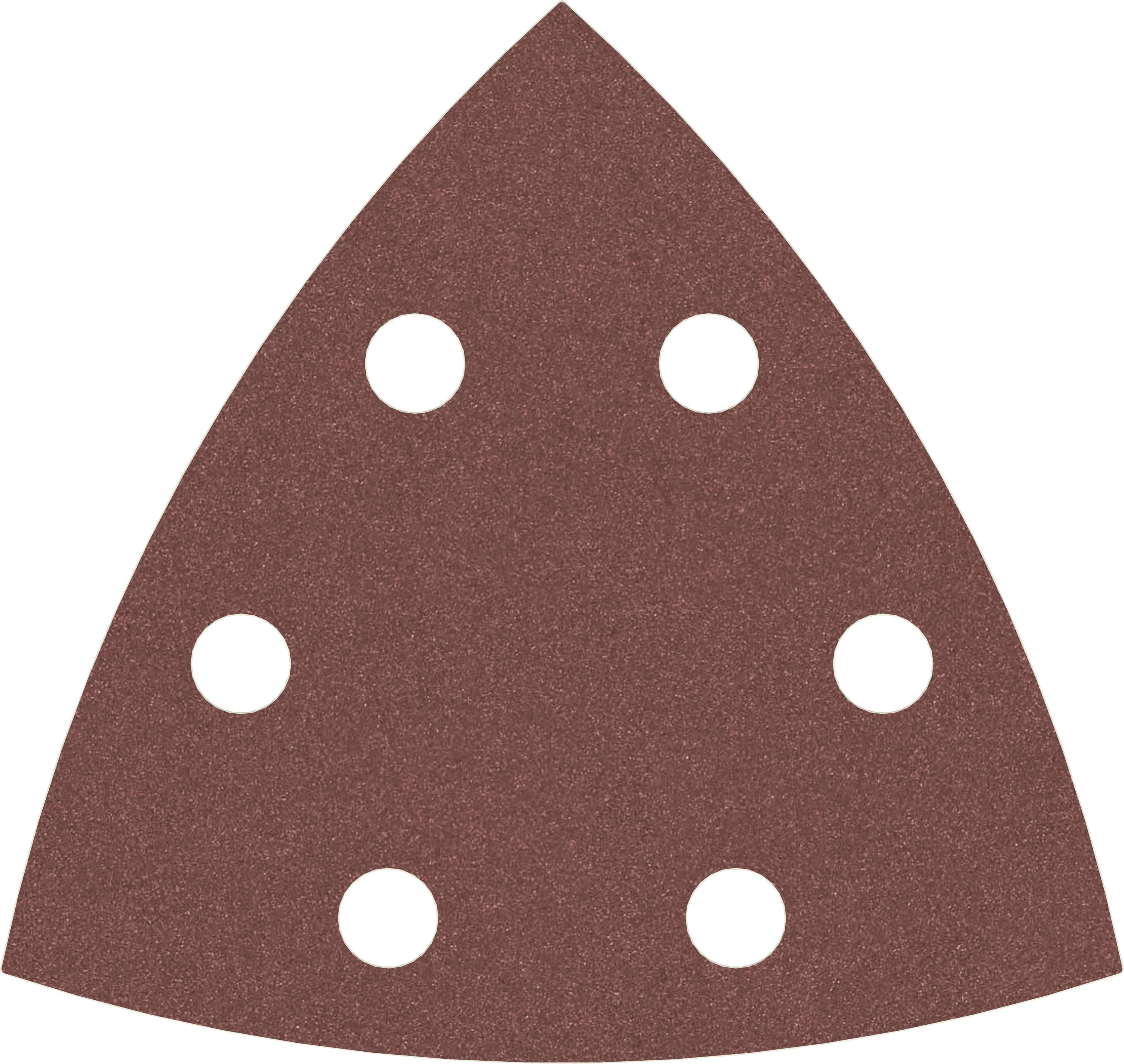 Papier de verre triangulaire avec six trous, typiquement utilisé pour une ponceuse deltaïque.