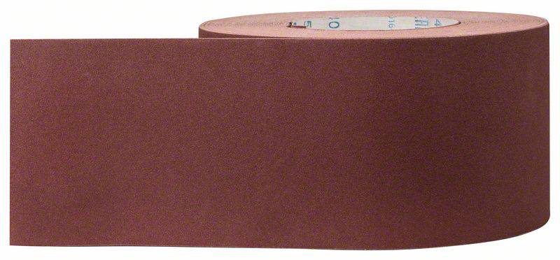 Un rouleau de ruban abrasif rouge, à moitié déroulé, sur fond blanc. Idéal pour les travaux de ponçage sur différentes surfaces.