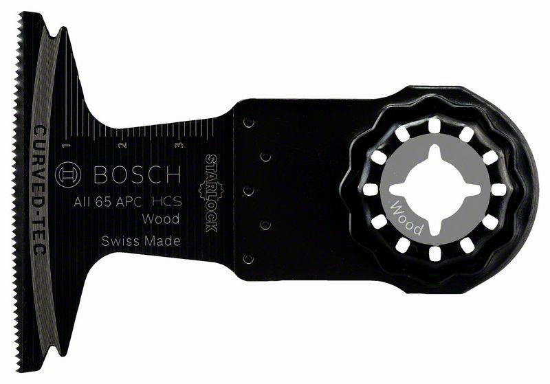 Lame de scie Bosch noire pour bois, design Curved-Tec, fabriquée en Suisse, avec marquages, fixation Starlock, compatible avec les outils oscillants.